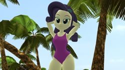 Size: 1920x1080 | Tagged: safe, artist:mr.uberrebu25, imported from derpibooru, rarity, equestria girls, 3d, beach, beach babe, breasts, busty rarity, clothes, hand on head, leotard, one-piece swimsuit, purple swimsuit, solo, swimsuit