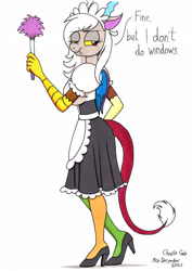 Size: 1920x2711 | Tagged: safe, artist:killerteddybear94, imported from derpibooru, discord, anthro, draconequus, clothes, dialogue, dress, duster, eris, eyebrows, eyebrows visible through hair, female, high res, maid eris, rule 63, scrunchy face, simple background, solo, traditional art, white background