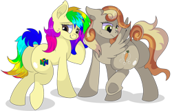 Size: 1280x824 | Tagged: safe, artist:rainbowtashie, imported from derpibooru, oc, oc:clumsy carrot, oc:rainbow tashie, earth pony, pegasus, pony, butt, commissioner:bigonionbean, cute, cutie mark, dummy thicc, extra thicc, female, flank, fusion, fusion:carrot top, fusion:derpy hooves, fusion:golden harvest, mare, nintendo, nintendo 64, plot, silly, simple background, transparent background, weight woe, writer:bigonionbean