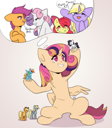 Size: 1500x1715 | Tagged: safe, artist:pledus, imported from derpibooru, applejack, derpy hooves, rainbow dash, rarity, oc, oc:princess young heart, alicorn, earth pony, pegasus, pony, unicorn, alicorn oc, alicorn princess, commissioner:bigonionbean, cute, cutie mark, dialogue, female, figurine, filly, fusion, fusion:apple bloom, fusion:dinky hooves, fusion:scootaloo, fusion:sweetie belle, horn, mare, playing, playing with toys, ponies playing with ponies, royalty, thought bubble, toy, wings, writer:bigonionbean