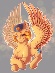 Size: 2173x2872 | Tagged: safe, artist:roseandcompany, imported from derpibooru, oc, oc only, oc:trucker, pegasus, pony, backwards ballcap, baseball cap, butch, cap, female, hat, high res, lesbian, muscles, muscular female, pegasus oc, piercing, realistic anatomy, solo, spread wings, wings