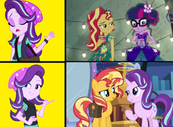 Size: 1748x1284 | Tagged: safe, edit, imported from derpibooru, screencap, sci-twi, starlight glimmer, sunset shimmer, twilight sparkle, pony, unicorn, equestria girls, legend of everfree, mirror magic, spoiler:eqg specials, discovery family logo, female, hotline bling, mare, meme, smugset shimmer