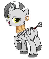 Size: 835x1020 | Tagged: safe, artist:klewgcg, artist:twinet, imported from derpibooru, oc, oc only, oc:maya, zebra, zebracorn, base used, clothes, ear piercing, earring, female, jewelry, mare, mohawk, neck rings, piercing, simple background, smug, solo, tail, tail wrap, unshorn fetlocks, white background