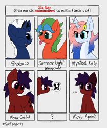 Size: 3430x4096 | Tagged: safe, artist:monycaalot, imported from derpibooru, oc, oc:mony caalot, oc:mystical kelly, oc:shabaco, oc:summer lights, earth pony, pegasus, pony, unicorn, six fanarts, glasses, interrogation, looking at you, tongue out, wings