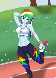 Size: 1280x1754 | Tagged: safe, artist:lennondash, imported from derpibooru, rainbow dash, human, equestria girls, equestria girls series, abs, arm behind head, athletic, biceps, breasts, clothes, converse, female, fit, flexing, grin, leggings, muscles, muscular female, one eye closed, pants, rainbuff dash, raised leg, running track, shoes, smiling, sneakers, solo, sports bra, standing, standing on one leg, stretching, sweatpants, tomboy, wink