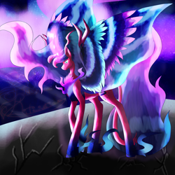 Size: 5800x5800 | Tagged: safe, artist:florarena-kitasatina/dragonborne fox, imported from derpibooru, oc, oc only, oc:auroral amnity, alicorn, pony, absurd resolution, alicorn oc, aurora, colored wings, cracked ground, dat mane, horn, joke oc, multicolored wings, ow the edge, raised leg, signature, solo, unshorn fetlocks, watermark, why, wings, wtf