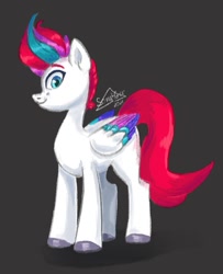 Size: 594x733 | Tagged: safe, artist:sonyager, imported from derpibooru, zipp storm, pegasus, pony, black background, eyebrows, female, folded wings, g5, looking at you, mare, multicolored mane, my little pony: a new generation, shorn fetlocks, signature, simple background, smiling, solo, standing, wings