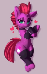 Size: 1685x2673 | Tagged: safe, artist:pabbley, imported from derpibooru, fizzlepop berrytwist, tempest shadow, pony, unicorn, 1 hour art challenge, arm warmers, bedroom eyes, choker, clothes, female, floating heart, heart, leg warmers, mare, smiling, solo, wide hips