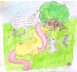 Size: 1280x1192 | Tagged: safe, artist:sabertooth1980, imported from derpibooru, angel bunny, fluttershy, bird, cat, duck, pegasus, pony, rabbit, raccoon, animal, colored pencil drawing, female, fluttershy's cottage, human to pony, lying down, male to female, mare, on side, rear view, rule 63, speech bubble, traditional art, transformation, transformation sequence, transgender transformation
