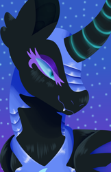 Size: 3300x5100 | Tagged: safe, artist:skrillydragonlady, imported from derpibooru, nightmare moon, alicorn, pony, blue background, blue eyes, blue mane, colored pupils, curved horn, ethereal mane, evil grin, eyelashes, female, flowing mane, folded wings, grin, helmet, horn, simple background, smiling, solo, starry mane, stars, wings