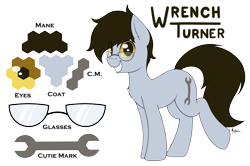 Size: 2600x1730 | Tagged: safe, artist:ponynamedmixtape, imported from derpibooru, oc, oc only, oc:wrench turner, earth pony, pony, color palette, cutie mark, glasses, male, reference sheet, simple background, solo, transparent background