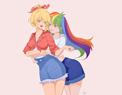 Size: 1680x1302 | Tagged: safe, artist:huixichloe, imported from derpibooru, applejack, rainbow dash, human, appledash, female, hug, hug from behind, humanized, lesbian, shipping