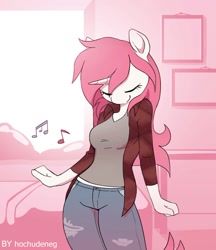 Size: 1124x1299 | Tagged: safe, artist:hochudeneg, imported from derpibooru, oc, oc only, oc:bubblegum kiss, anthro, unicorn, clothes, dancing, female, jeans, pants, pink mane, shirt, solo, t-shirt