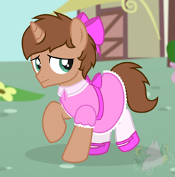 Size: 612x620 | Tagged: safe, artist:amgiwolf, imported from derpibooru, oc, oc only, oc:heroic armour, pony, unicorn, bow, clothes, colt, crossdressing, dress, hair bow, male, mary janes, nervous, ponyville, ribbon, shoes, sissy, socks, solo, thigh highs, walking