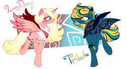 Size: 3316x1809 | Tagged: safe, artist:piichu-pi, imported from derpibooru, oc, oc only, oc:lovy dovey, oc:tribute, alicorn, bat pony, pony, deviantart watermark, duo, female, mare, obtrusive watermark, simple background, transparent background, watermark