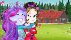 Size: 791x445 | Tagged: safe, artist:gihhbloonde, imported from derpibooru, oc, oc only, oc:gihh bloonde, equestria girls, base used, building, clothes, crossed arms, duo, eyelashes, female, floral head wreath, flower, grin, hug, makeup, one eye closed, outdoors, smiling, wink