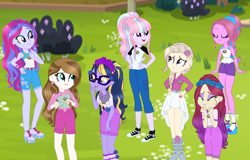 Size: 900x576 | Tagged: safe, artist:gihhbloonde, imported from derpibooru, oc, oc only, oc:condensed milk, oc:gihh bloonde, oc:music melody, oc:sci bella, equestria girls, base used, clothes, eyelashes, female, group, makeup, smiling, solo