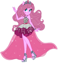 Size: 2355x2547 | Tagged: safe, artist:gihhbloonde, imported from derpibooru, oc, oc only, oc:music melody, equestria girls, barbie, barbie rock n royals, base used, clothes, crown, dress, ethereal mane, eyelashes, female, high heels, high res, jewelry, pink dress, pink hair, ponied up, princess, regalia, shoes, simple background, singer, smiling, solo, sparkles, starry mane, tiara, transparent background, waving