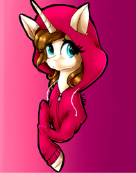 Size: 517x660 | Tagged: safe, artist:gihhbloonde, imported from derpibooru, oc, oc only, oc:gihh bloonde, pony, unicorn, bust, clothes, eyelashes, female, gradient background, hoodie, horn, mare, smiling, solo, unicorn oc