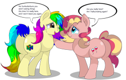 Size: 1280x815 | Tagged: safe, artist:rainbowtashie, imported from derpibooru, oc, oc:rainbow tashie, oc:sunbutter cookies, earth pony, pony, unicorn, butt, commissioner:bigonionbean, crying, cutie mark, dialogue, dummy thicc, duo, extra thicc, female, flank, fusion, fusion:pinkie pie, fusion:sunset shimmer, mare, nintendo, nintendo 64, plot, simple background, tears of joy, teary eyes, transparent background, writer:bigonionbean