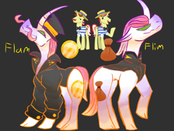 Size: 2048x1536 | Tagged: safe, artist:iizda, imported from derpibooru, flam, flim, pony, unicorn, black background, brothers, curved horn, female, flim flam brothers, hat, horn, male, mare, raised hoof, redesign, siblings, simple background, stallion