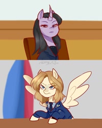 Size: 1384x1732 | Tagged: safe, artist:aylufujo, imported from derpibooru, pegasus, pony, unicorn, clothes, curved horn, duo, eyelashes, female, horn, indoors, kim yo-jong, mare, natalia poklonskaya, necktie, north korea, ponified, russia, suit, wings