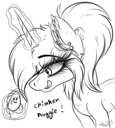 Size: 1680x1858 | Tagged: safe, artist:beamybutt, imported from derpibooru, oc, oc only, pony, bust, chicken meat, chicken nugget, ear fluff, ear piercing, female, food, glowing, glowing horn, horn, licking, licking lips, lineart, magic, mare, meat, piercing, ponies eating meat, smiling, telekinesis, tongue out
