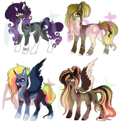 Size: 1708x1752 | Tagged: safe, artist:beamybutt, imported from derpibooru, oc, oc only, alicorn, earth pony, pegasus, pony, alicorn oc, base used, ear fluff, earth pony oc, female, horn, mare, offspring, parent:applejack, parent:fluttershy, parent:king sombra, parent:rainbow dash, parent:rarity, parents:sombradash, parents:sombrajack, parents:sombrarity, parents:sombrashy, pegasus oc, simple background, transparent background, wings