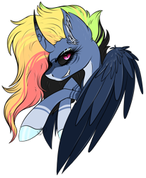 Size: 1776x2154 | Tagged: safe, artist:beamybutt, imported from derpibooru, oc, oc only, alicorn, pony, alicorn oc, bust, curved horn, ear fluff, evil grin, eyelashes, female, grin, horn, mare, offspring, parent:king sombra, parent:rainbow dash, parents:sombradash, simple background, smiling, solo, transparent background, wings