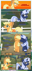 Size: 1919x4225 | Tagged: safe, artist:estories, imported from derpibooru, applejack, oc, oc:silverlay, earth pony, original species, pony, unicorn, comic:a(pple)ffection, applejack's hat, canon x oc, comic, cowboy hat, duo, eyes closed, female, freckles, hat, lesbian, open mouth, shipping, silverjack, umbra pony, vector