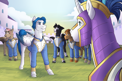 Size: 1832x1206 | Tagged: safe, artist:royvdhel-art, imported from derpibooru, shining armor, oc, pegasus, pony, unicorn, armor, clothes, colored wings, helmet, male, outdoors, royal guard, stallion, two toned wings, wings