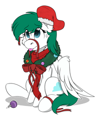 Size: 1620x2060 | Tagged: safe, artist:rokosmith26, imported from derpibooru, oc, oc only, oc:zephyr, oc:zephyr cloudrunner, pegasus, pony, bow, cheek fluff, christmas, christmas stocking, christmas wreath, clothes, commission, female, floppy ears, holiday, looking up, mare, one ear down, pegasus oc, raised hoof, red scarf, ribbon, scarf, shadow, simple background, sitting, smiling, solo, sweat, sweatdrop, tail, tongue out, transparent background, wreath, ych result