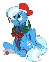 Size: 1620x2060 | Tagged: safe, artist:rokosmith26, imported from derpibooru, oc, oc only, oc:bluebreeze, pegasus, pony, blue scarf, bow, cheek fluff, christmas, christmas stocking, christmas wreath, clothes, commission, floppy ears, holiday, looking up, male, one ear down, pegasus oc, pegasus wings, raised hoof, ribbon, scarf, shadow, simple background, sitting, smiling, solo, spread wings, stallion, sweat, sweatdrop, tail, tongue out, transparent background, wings, wreath, ych result