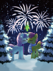 Size: 1782x2400 | Tagged: safe, artist:dinoalpaka, imported from derpibooru, scootaloo, sweetie belle, pegasus, pony, unicorn, blushing, butt, christmas, clothes, eyes closed, female, filly, fireworks, holiday, kiss on the lips, kissing, lesbian, magic, mistleholly, patreon, patreon reward, plot, scarf, scootabelle, shipping, snow, snowfall