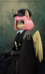 Size: 2372x3926 | Tagged: safe, artist:mrscroup, imported from derpibooru, fluttershy, anthro, pegasus, alternate hairstyle, badass, clothes, flutterbadass, gloves, hat, high res, looking at you, military uniform, solo, uniform