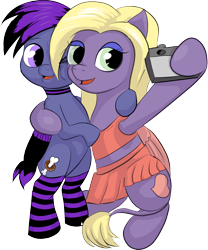 Size: 1078x1294 | Tagged: safe, artist:ponyway, imported from derpibooru, oc, oc only, oc:tina, oc:tiny menace, pegasus, derpibooru community collaboration, 2022 community collab, bipedal, camera, clothes, colt, duo, female, fixed, male, mare, simple background, socks, striped socks, transparent background