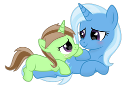 Size: 1920x1332 | Tagged: safe, artist:grapefruit-face, imported from derpibooru, trixie, oc, oc:limey lulamoon, pony, unicorn, blushing, duo, female, freckles, looking at each other, looking at someone, lying down, mother and child, mother and daughter, parents:grapexie, purple eyes, show accurate, simple background, transparent background, updated, wholeseome