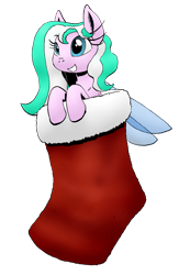 Size: 836x1280 | Tagged: safe, artist:darkhestur, imported from derpibooru, oc, oc only, oc:dustlight, flutter pony, pony, christmas, female, holiday, mare, palindrome get, simple background, smiling, sock, solo, transparent background, two toned mane