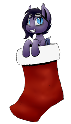 Size: 734x1280 | Tagged: safe, artist:darkhestur, imported from derpibooru, oc, oc only, oc:ravenpuff, bat pony, pony, christmas, fangs, goggles, holiday, simple background, sock, solo, transparent background