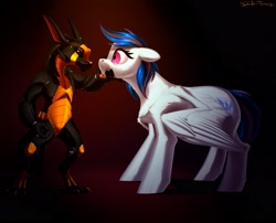 Size: 2600x2100 | Tagged: safe, artist:shido-tara, imported from derpibooru, oc, oc only, oc:paperweight, android, dragon, pegasus, robot, commission, duo, high res, looking at each other, looking at someone, pegasus oc, simple background