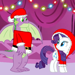 Size: 720x720 | Tagged: safe, artist:mlplary6, imported from derpibooru, rarity, spike, dragon, pony, unicorn, christmas, clothes, female, holiday, male, shipping, sparity, straight