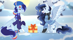 Size: 3635x2009 | Tagged: safe, artist:brushprism, artist:xxcheerupxxx, imported from derpibooru, oc, oc only, oc:cloud speed, oc:silent heaven, pegasus, pony, clothes, duo, female, high res, mare, present, scarf, snow, sweater