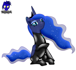 Size: 4154x3840 | Tagged: safe, alternate version, artist:damlanil, imported from derpibooru, princess luna, alicorn, pony, catsuit, clothes, crown, cute, ear piercing, ethereal mane, eyeshadow, female, galaxy mane, horn, jewelry, latex, latex suit, looking at you, makeup, mare, necklace, piercing, regalia, rubber, shiny, shiny mane, show accurate, simple background, sitting, smiling, smiling at you, solo, suit, transparent background, vector, wings