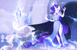Size: 5940x3854 | Tagged: safe, artist:vincher, imported from derpibooru, rarity, anthro, unguligrade anthro, unicorn, absurd file size, belt, cape, clothes, dress, female, glowing, glowing horn, hand, hooves, horn, ice, icicle, magic, mare, side slit, solo, tail