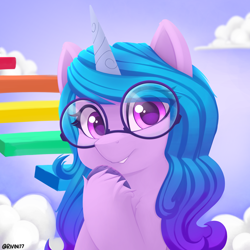 Size: 2400x2400 | Tagged: safe, artist:rivin177, imported from derpibooru, izzy moonbow, pony, unicorn, blue mane, cloud, curly hair, cute, eye clipping through hair, female, fit right in (g5), g5, glasses, high res, horn, izzybetes, mare, my little pony: a new generation, round glasses, solo