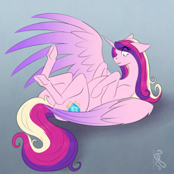 Size: 1280x1280 | Tagged: safe, artist:sepisnake, imported from derpibooru, princess cadance, alicorn, pony, eye clipping through hair, female, human to pony, lying down, male to female, mare, on back, rule 63, shocked, solo, transformation, transformation sequence, transformed, transgender transformation, wavy mouth