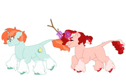 Size: 1280x854 | Tagged: safe, artist:itstechtock, imported from derpibooru, oc, oc only, oc:starfire, oc:valentine frapuccino, pony, unicorn, colt, duo, female, filly, glasses, magic, magical threesome spawn, male, offspring, parent:cinnamon chai, parent:moondancer, parent:morning roast, parent:starlight glimmer, parent:sunburst, running, simple background, stick, white background