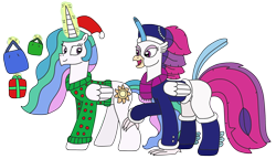 Size: 3180x1834 | Tagged: safe, artist:supahdonarudo, imported from derpibooru, princess celestia, queen novo, alicorn, classical hippogriff, hippogriff, my little pony: the movie, christmas, clothes, coat, duo, hat, holiday, leggings, levitation, magic, present, santa hat, scarf, shopping, simple background, sweater, telekinesis, transparent background