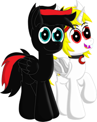 Size: 5188x6516 | Tagged: safe, artist:agkandphotomaker2000, imported from derpibooru, oc, oc only, oc:arnold the pony, oc:lucia nightblood, bat pony, pegasus, pony, derpibooru community collaboration, 2022 community collab, absurd resolution, arncia, bat pony oc, duo, fangs, jewelry, looking at you, mane clip, necklace, oc x oc, open mouth, open smile, pegasus oc, raised hoof, red and black mane, red and black oc, shipping, simple background, smiling, smiling at you, transparent background