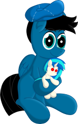 Size: 4060x6472 | Tagged: safe, artist:agkandphotomaker2000, imported from derpibooru, dj pon-3, vinyl scratch, oc, oc:pony video maker, pegasus, pony, derpibooru community collaboration, 2022 community collab, absurd resolution, director's hat, eyebrows, eyebrows visible through hair, i can see forever, looking at you, male, pegasus oc, plushie, simple background, sitting, smiling, smiling at you, solo, transparent background